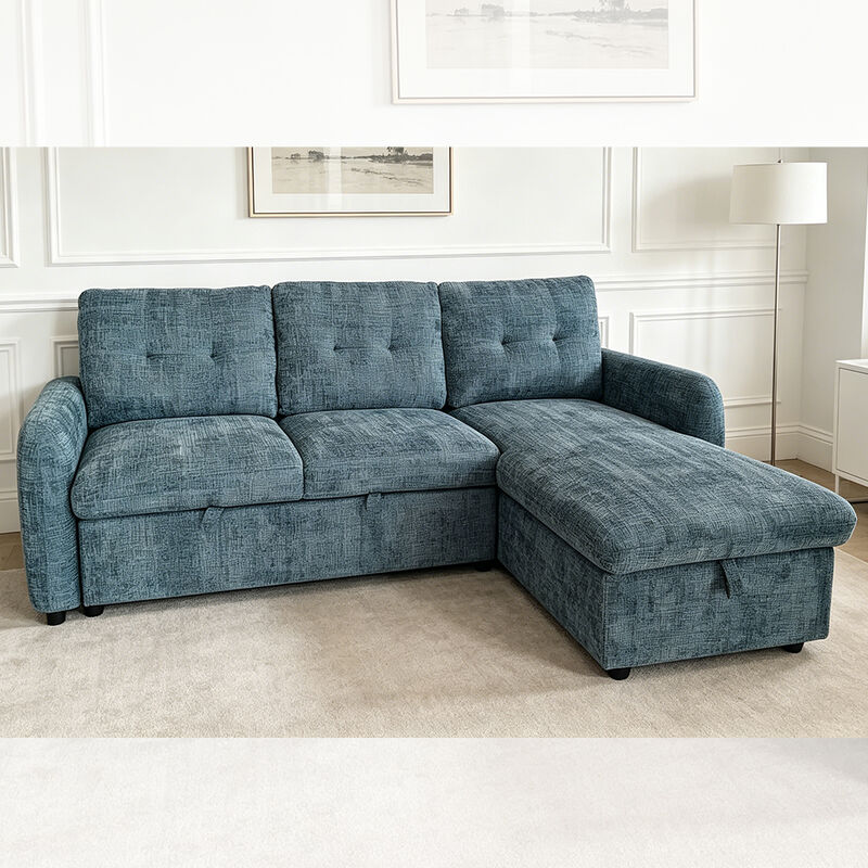 L-Shaped Reversible Sectional Sleeper Sofa with Pull-Out Bed and Dropdown Table and Storage, Hazy Blue Fabric