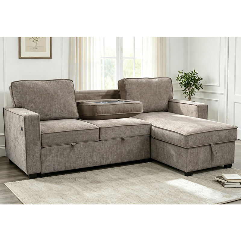 L-Shaped Reversible Sectional Sleeper Sofa with Pull-Out Bed and Dropdown Table and Storage, Light Brown Gray Chenille