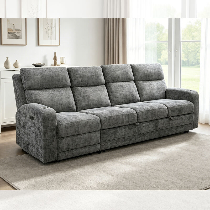 Big Sectional Sleeper Sofa with Pull-Out Bed and Power Recliner Chair, Metal Gray Fabric