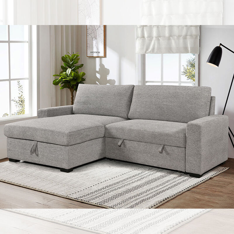 L-Shaped Reversible Sectional Sleeper Sofa with Pull-Out Bed and Storage, Gray Fabric