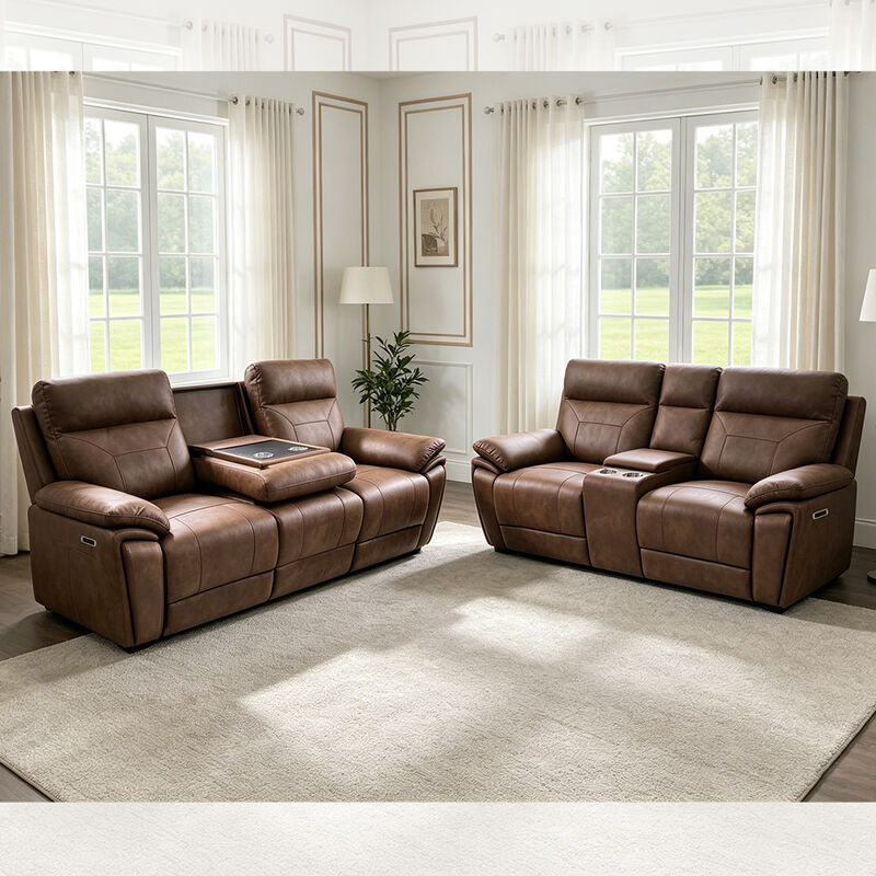 Power Recliner Sofa set with Dropdown Table and Storage Box, Brown Fabric-like vinyl