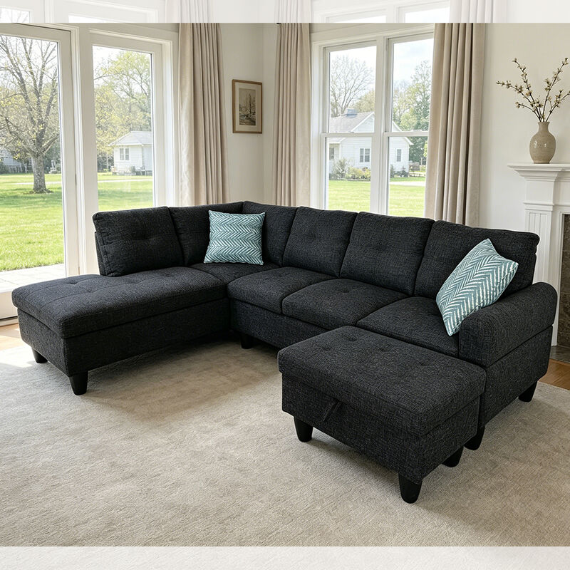 L-Shaped Sectional Sofa with Dropdown Table and 2 Pillows, Ottoman with storage, Black Fabric