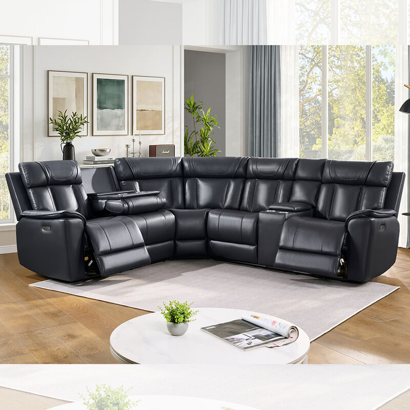 Power Recliner Corner Sofa with 2 Power Recliner Seats and Storage Box and Dropdown Table, Black Leatherette