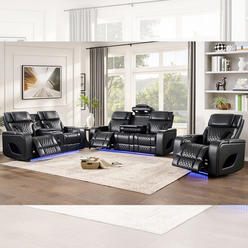 Power Recliner Sofa set with Power Headrests and Dropdown Table and Speaker and Storage and LED Light, Massage Function, Black Leatherette