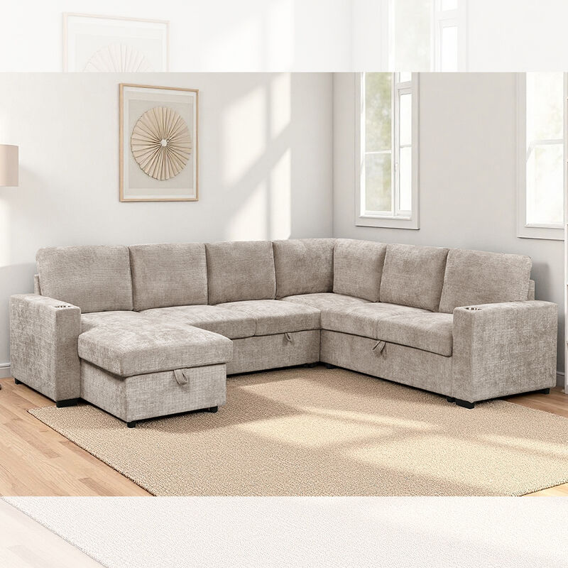 U-Shaped Sectional Sleeper Sofa with Pull Out Bed and Storage Chaise Lounge and Storage Sofa and Cup holders, Taupe Fabric