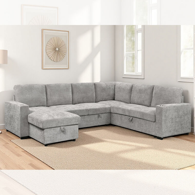 U-Shaped Sectional Sleeper Sofa with Pull Out Bed and Storage Chaise Lounge and Storage Sofa and Cup holders, Gray Fabric