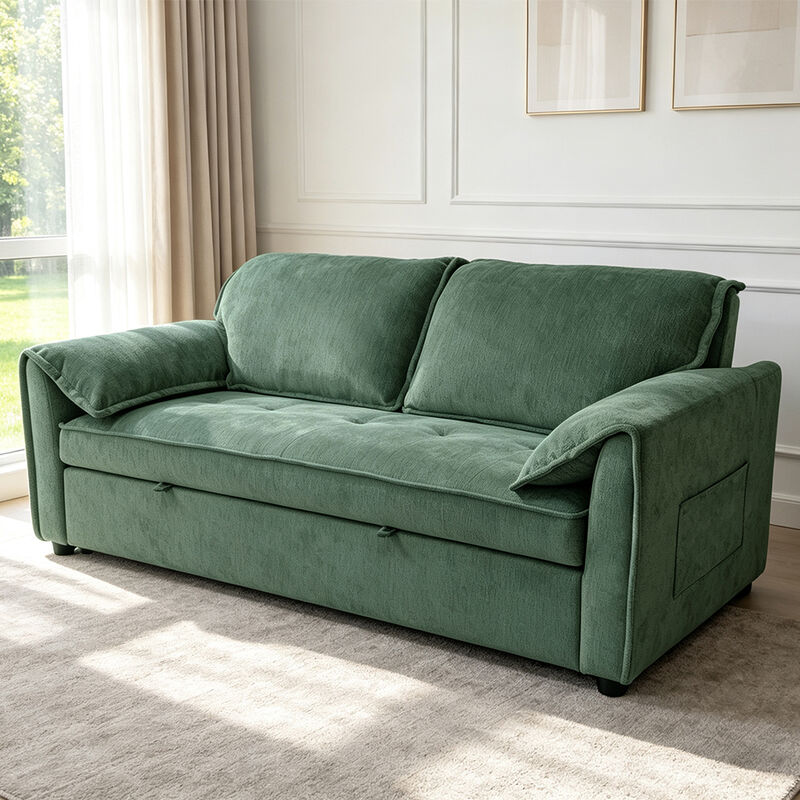 Futon Sofa Bed, Convertible Sleeper Sofa Bed, Comfortable Pull-Out Bed with Adjustable Backrest, Green Fabric