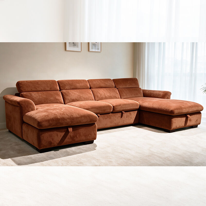 U-Shaped Sectional Sleeper Sofa with Pull-Out Bed and Storage and Adjustable Headrest, Brick Red Fabric