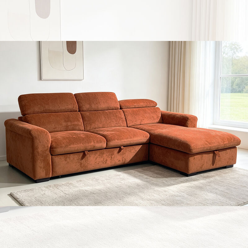 L-Shaped Sectional Sleeper Sofa with Pull-Out Bed and Storage and Adjustable Headrest, Brick Red Fabric