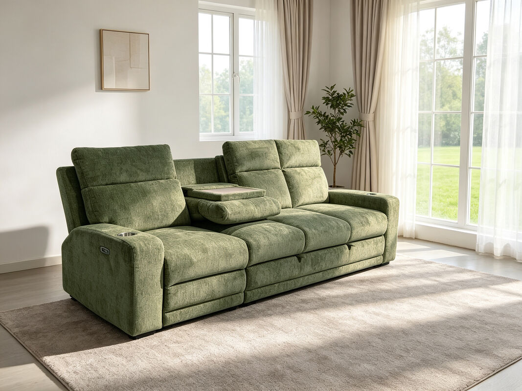 Big Sectional Sleeper Sofa with Pull-Out Bed and Dropdown Table and Power Recliner Chair, Green Fabric