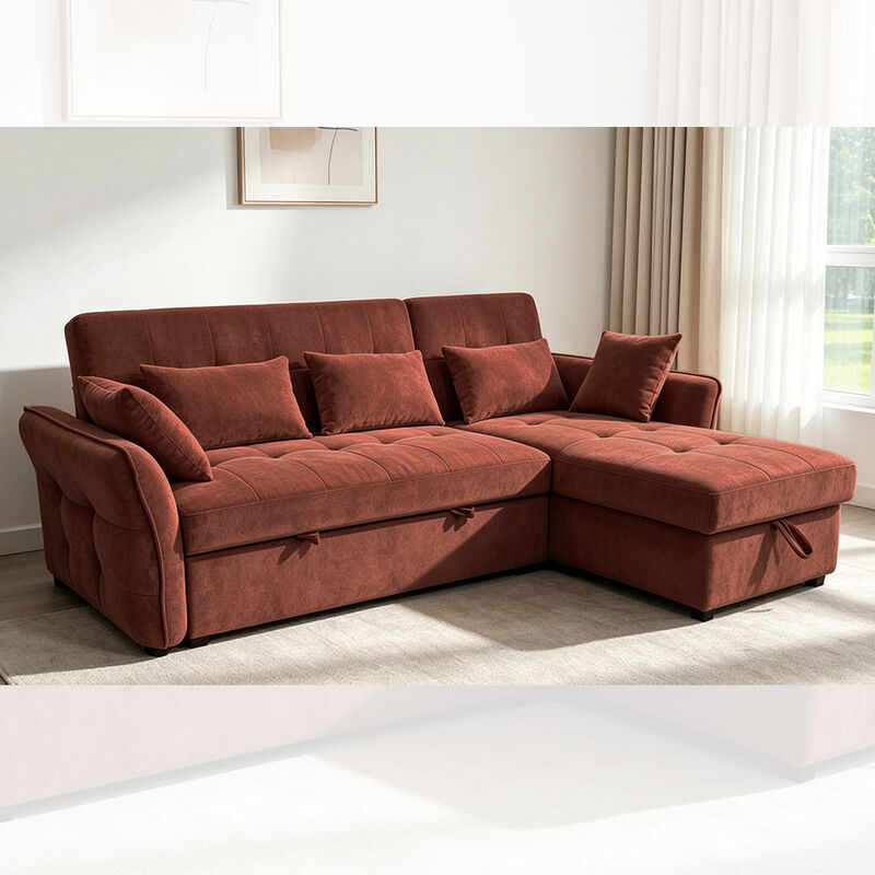 L-Shaped Reversible Sectional Sleeper Sofa with Pull-Out Bed and Storage, Wine Red Fabric