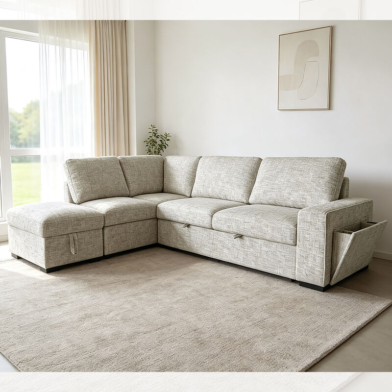 L-Shaped Sectional Sleeper Sofa with Pull-Out Bed and Storage and Cup holder, Beige Fabric