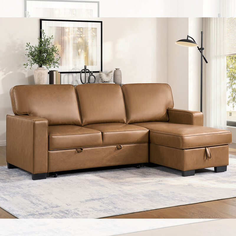 L-Shaped Reversible Sectional Sleeper Sofa with Pull-Out Bed and Dropdown Table and Storage, Brown Faux Leatherette