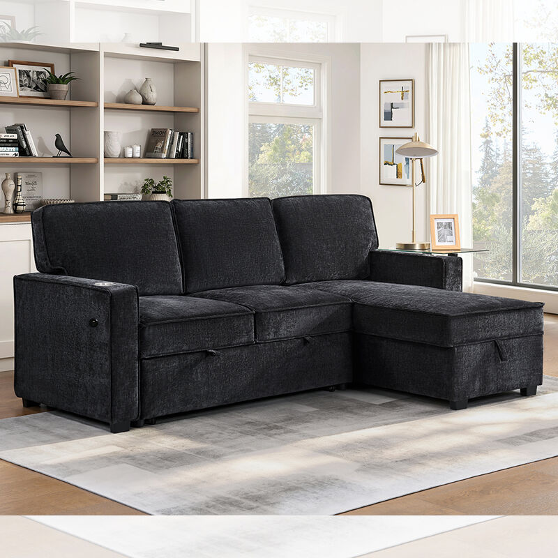 L-Shaped Reversible Sectional Sleeper Sofa with Pull-Out Bed and Dropdown Table and Storage, Charcoal Black Chenille