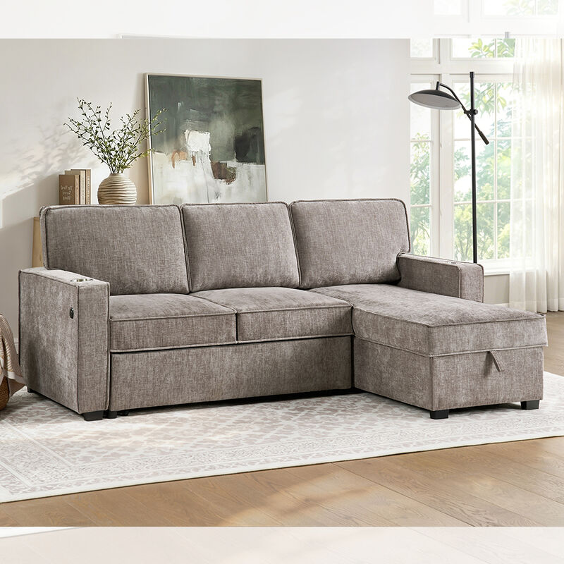 L-Shaped Reversible Sectional Sleeper Sofa with Pull-Out Bed and Dropdown Table and Storage, Light Brown Gray Chenille