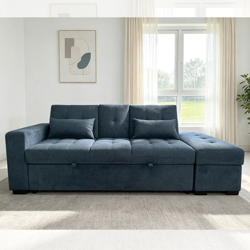 Queen Size Convertible Sleeper Sofa Bed, Comfortable Pull-Out Bed with Adjustable Backrest, Storage Arm and Ottoman, Navy fabric