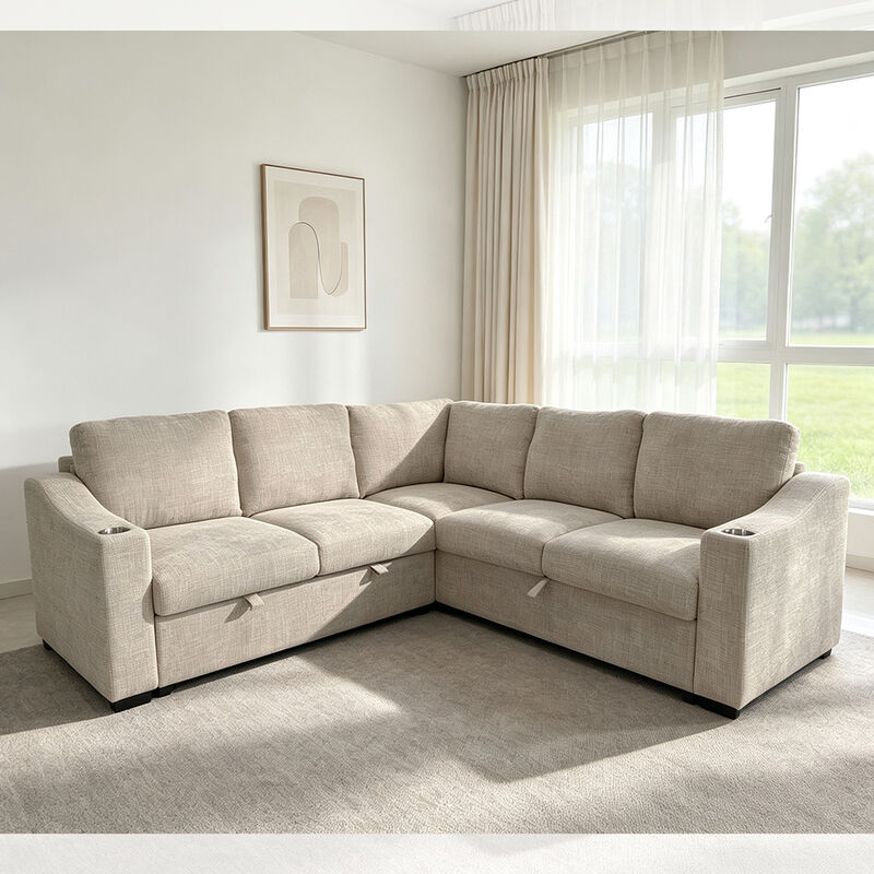 L-Shaped Sectional Sleeper Sofa with Pull Out Bed and Storage Sofa and Cup holders, Taupe Fabric