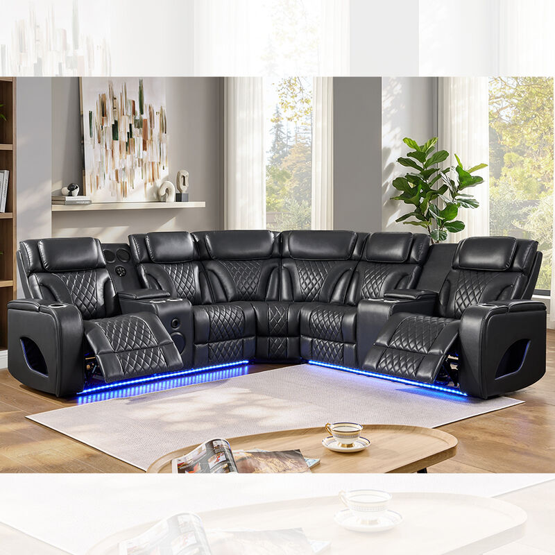 Power Recliner Corner Sofa with 2 Power Recliner Seats and Power Headrests and Speaker and Storage and LED Light, Massage Function, Black Leatherette