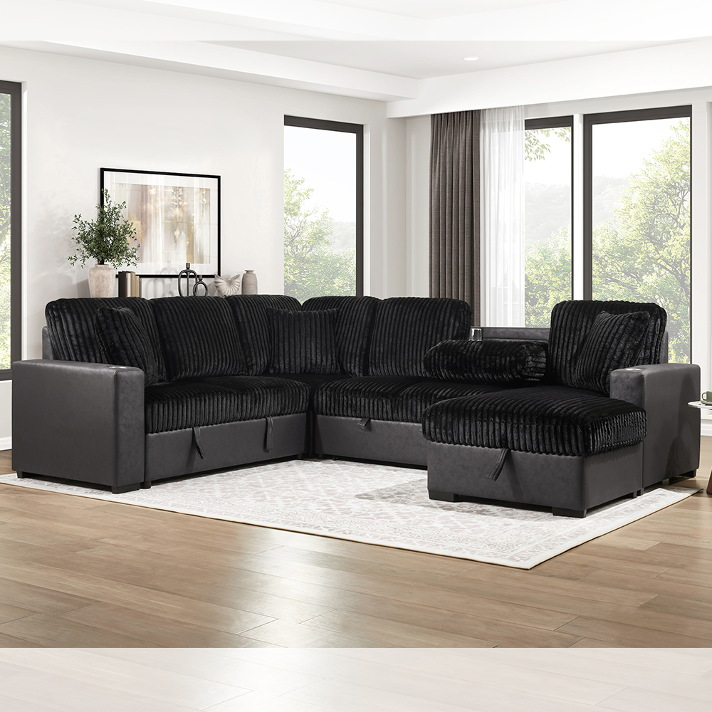 U-Shaped Sectional Sleeper Sofa with Pull Out Bed and Storage Chaise ...